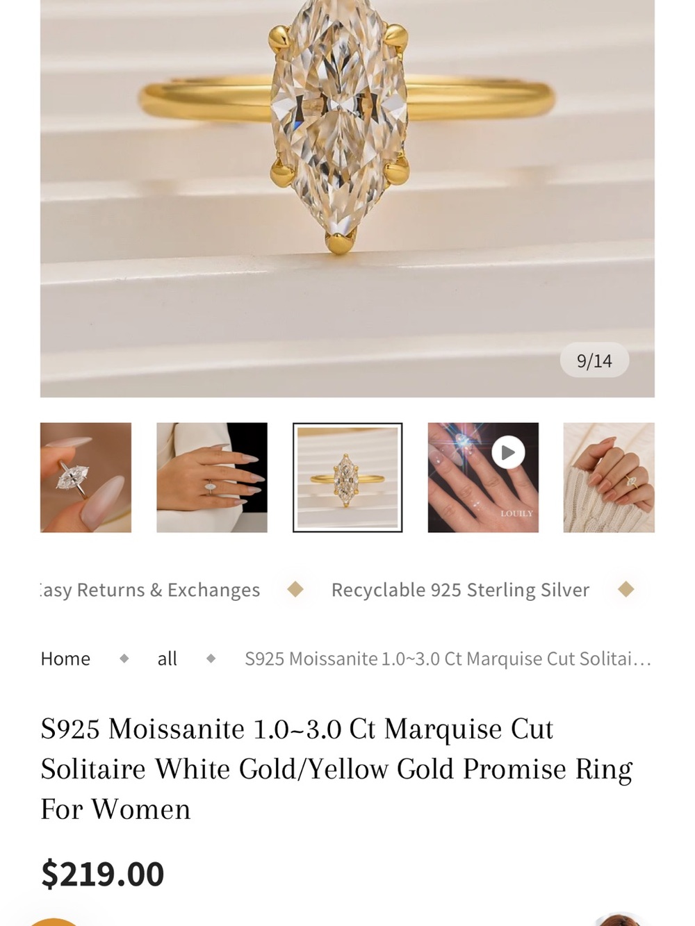 Marquise Moissanite Solitaire Ring in Yellow Gold - White Stone size 7